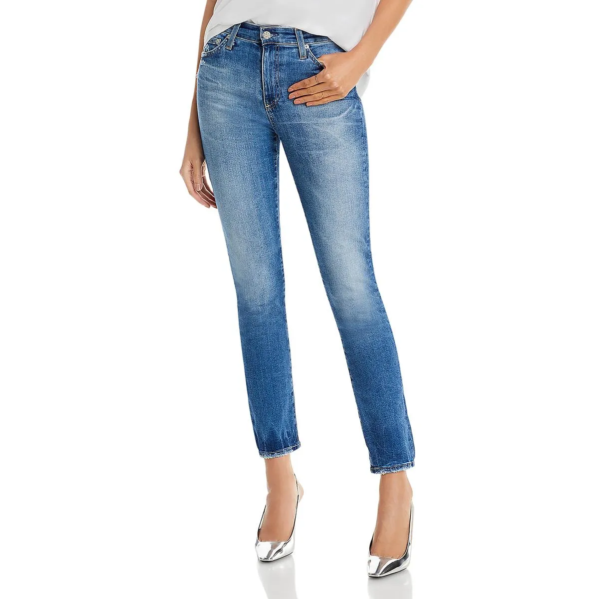 AG Adriano Goldschmied Damen High Waist Straight Leg Jeans in Mittelblau