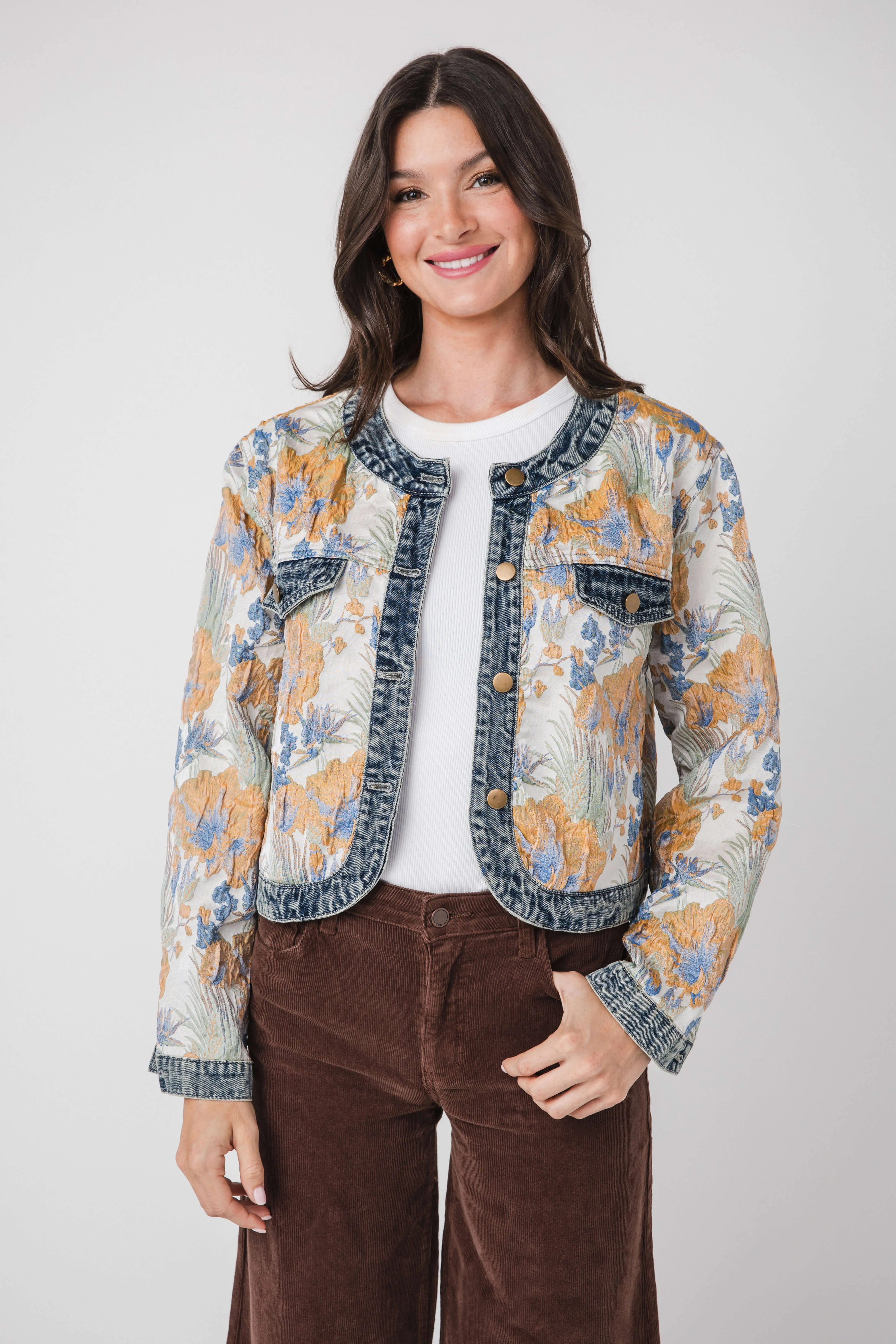 AnnieWear Blumen-Jacquard-Denim-Kontrastjacke