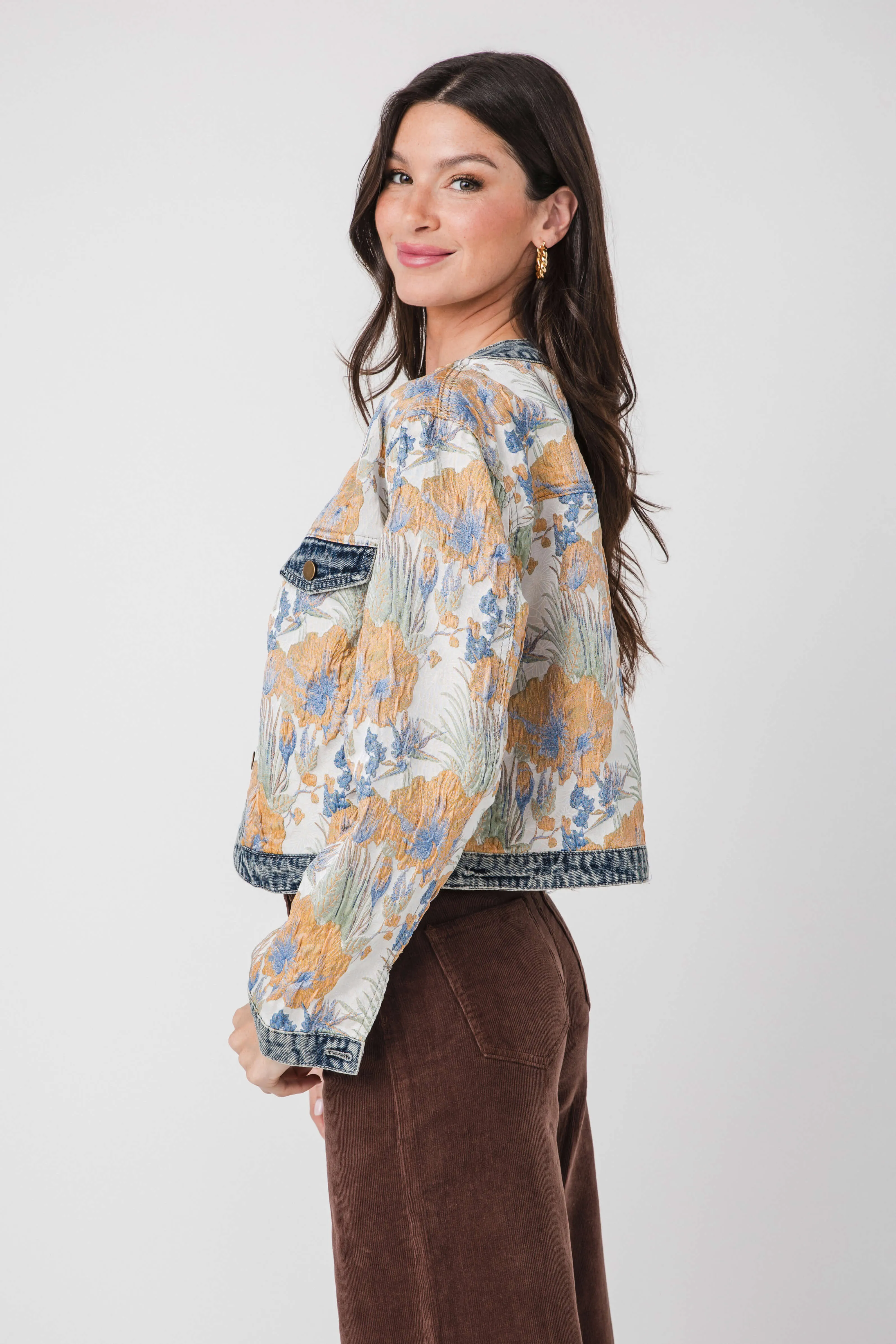 AnnieWear Blumen-Jacquard-Denim-Kontrastjacke