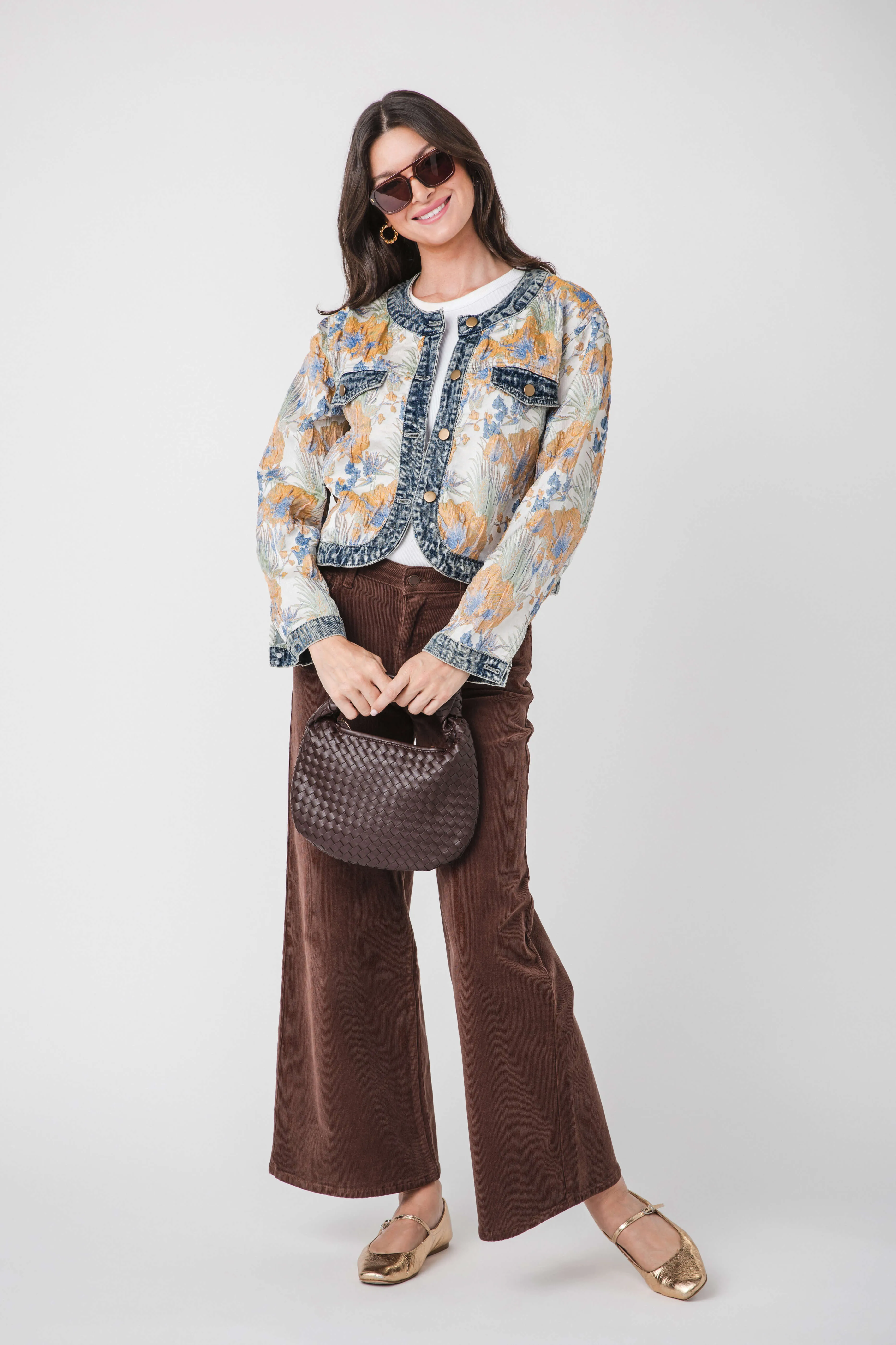 AnnieWear Blumen-Jacquard-Denim-Kontrastjacke