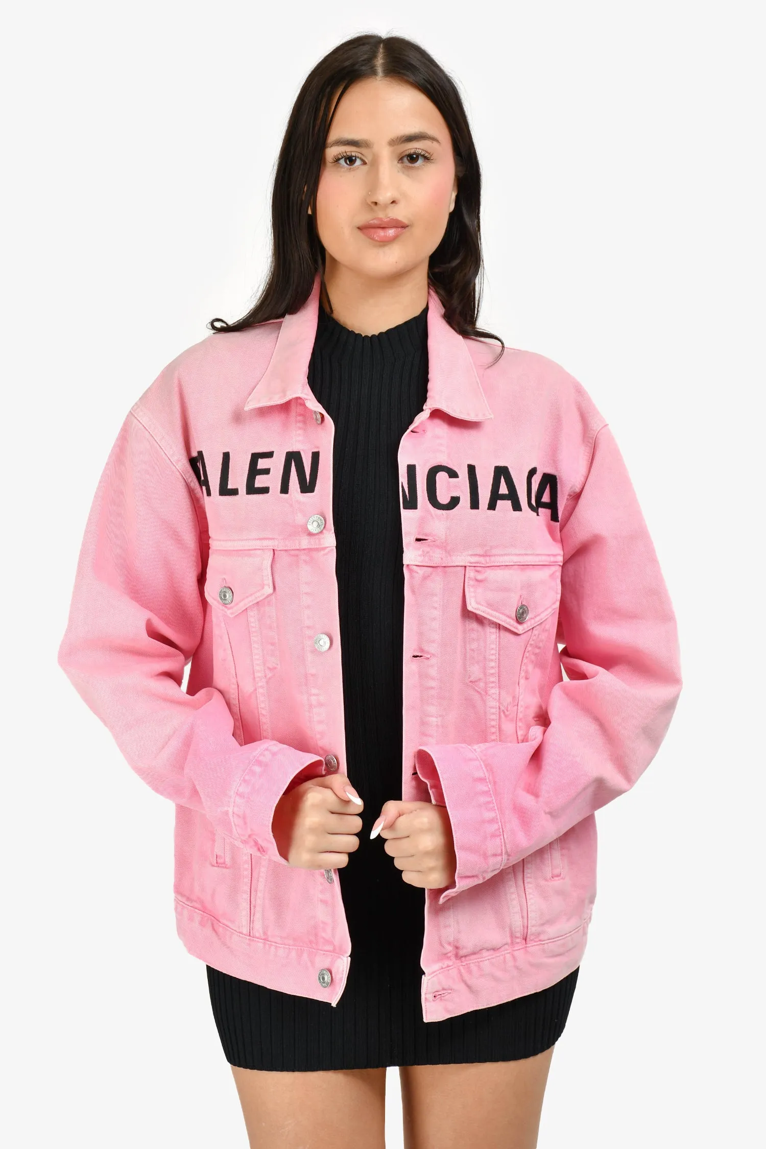 Balenciaga 2019 Rosa Denim Logo Bedruckte Jacke Größe 32