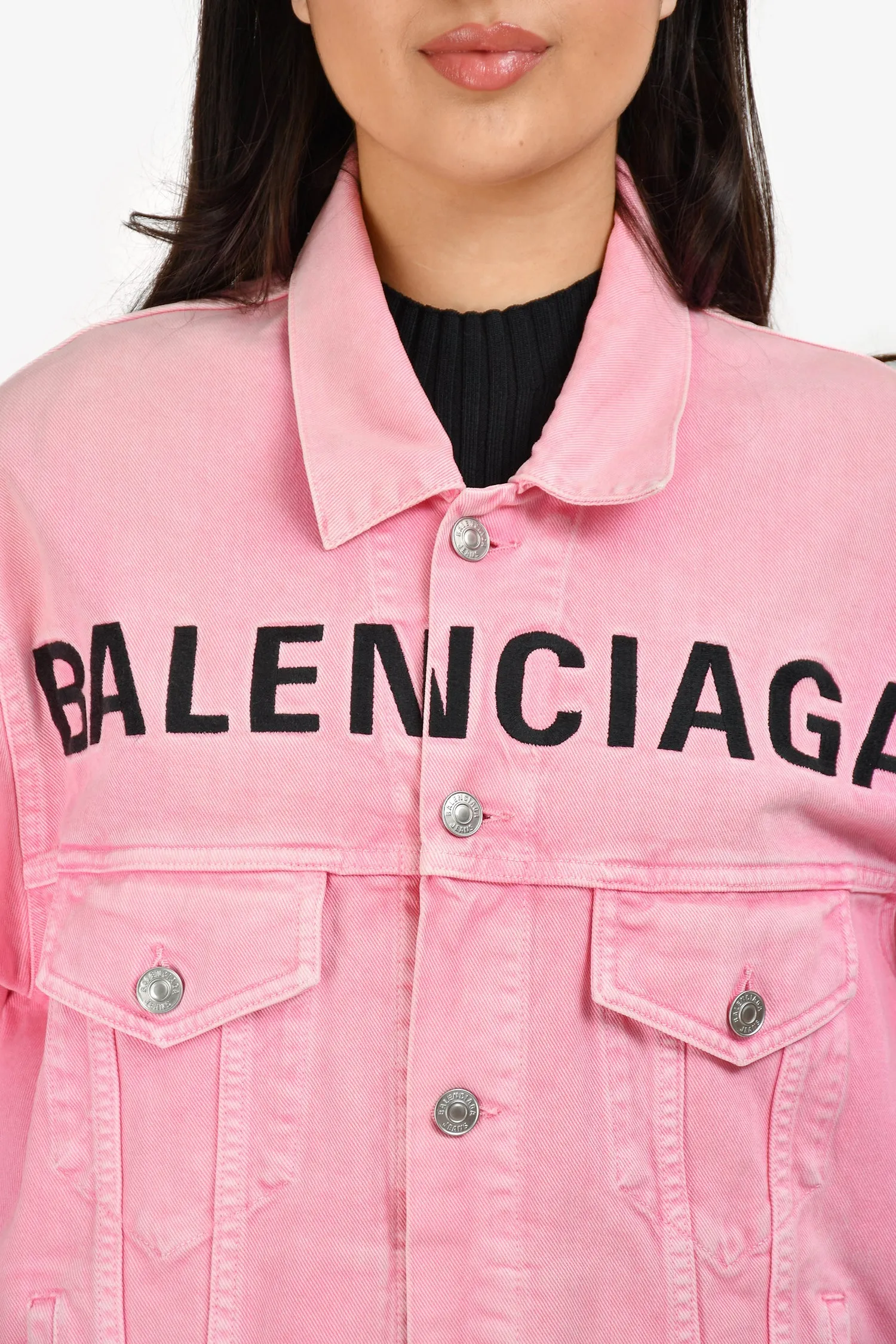 Balenciaga 2019 Rosa Denim Logo Bedruckte Jacke Größe 32