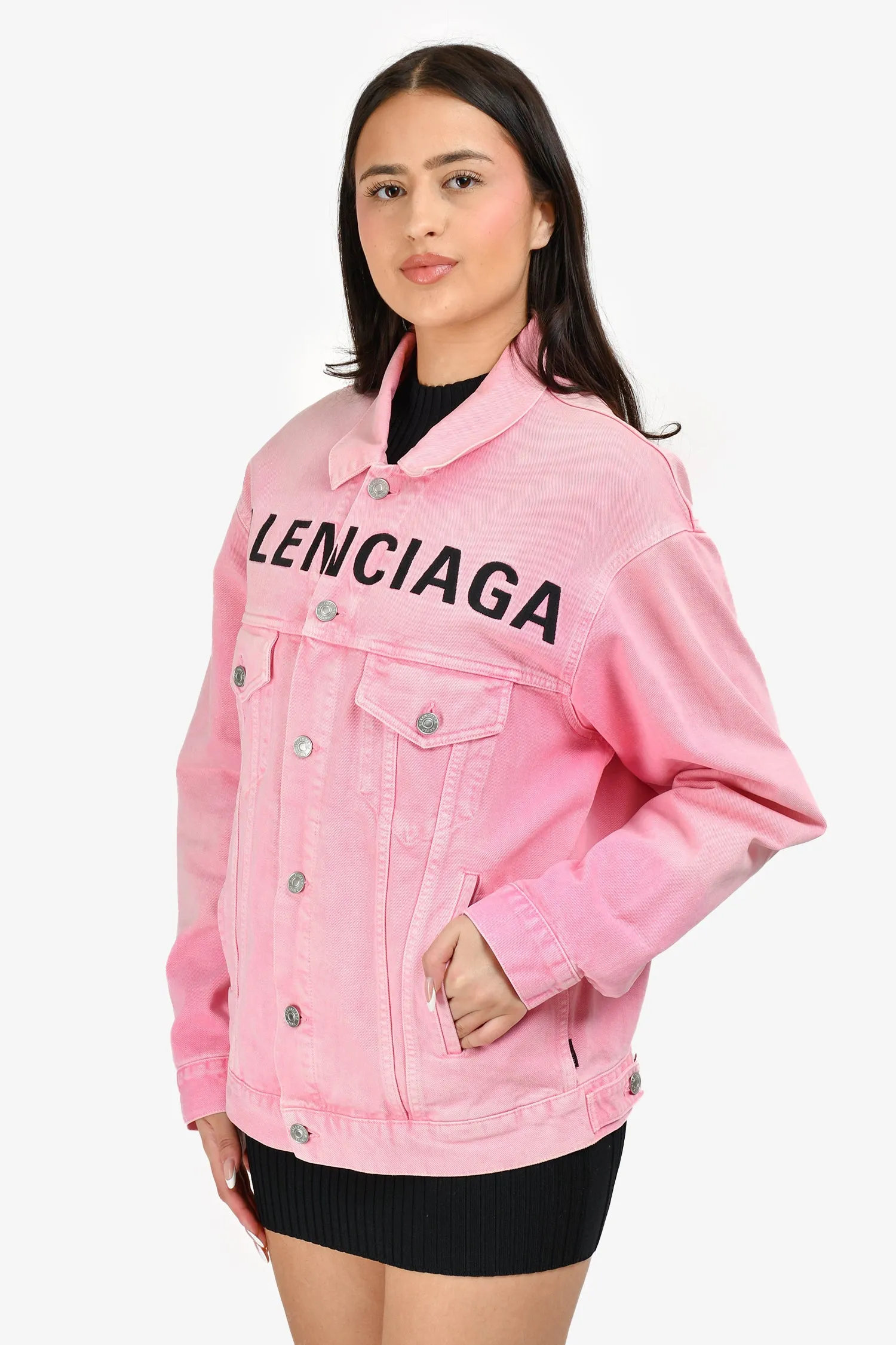 Balenciaga 2019 Rosa Denim Logo Bedruckte Jacke Größe 32