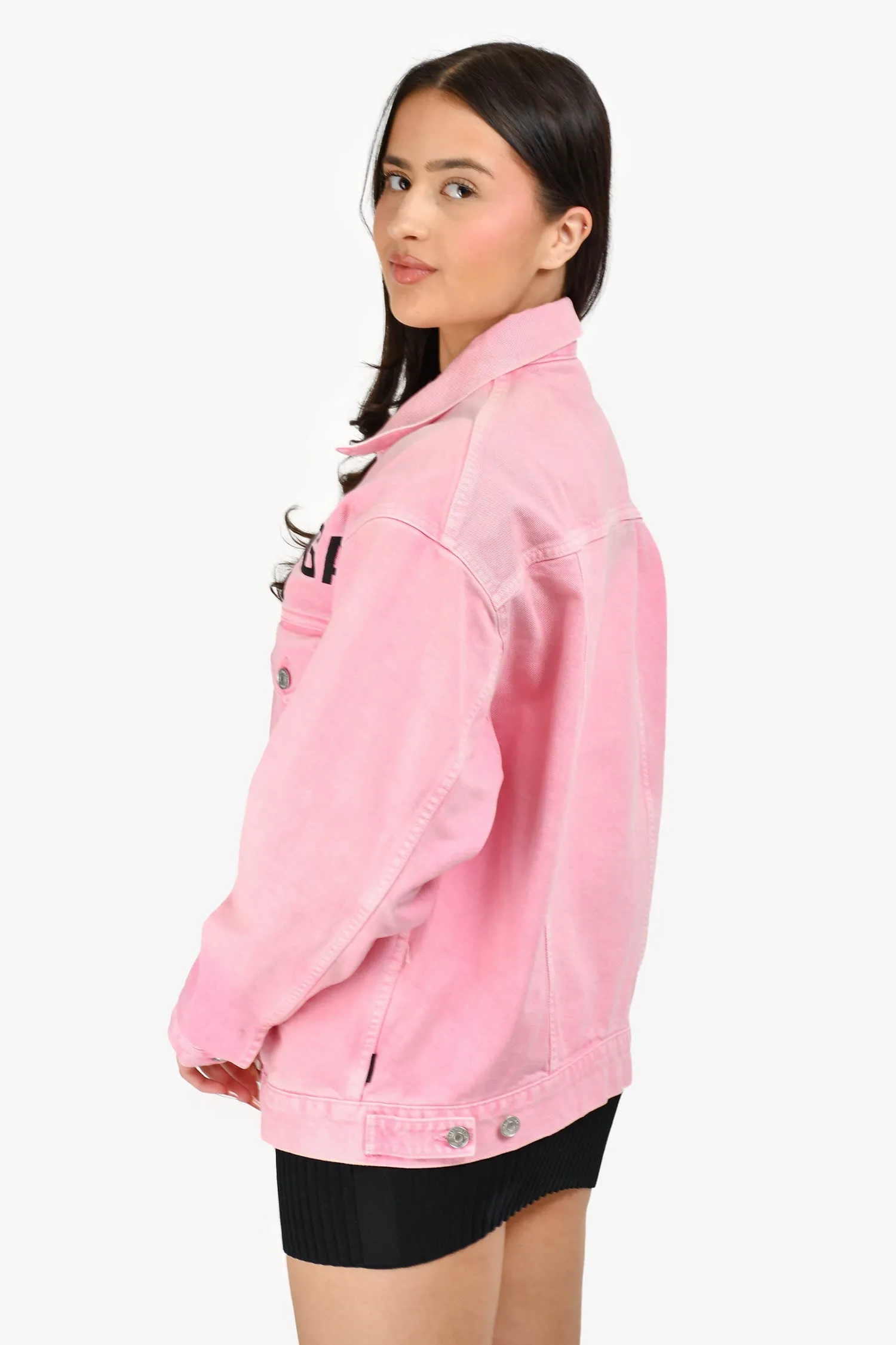 Balenciaga 2019 Rosa Denim Logo Bedruckte Jacke Größe 32