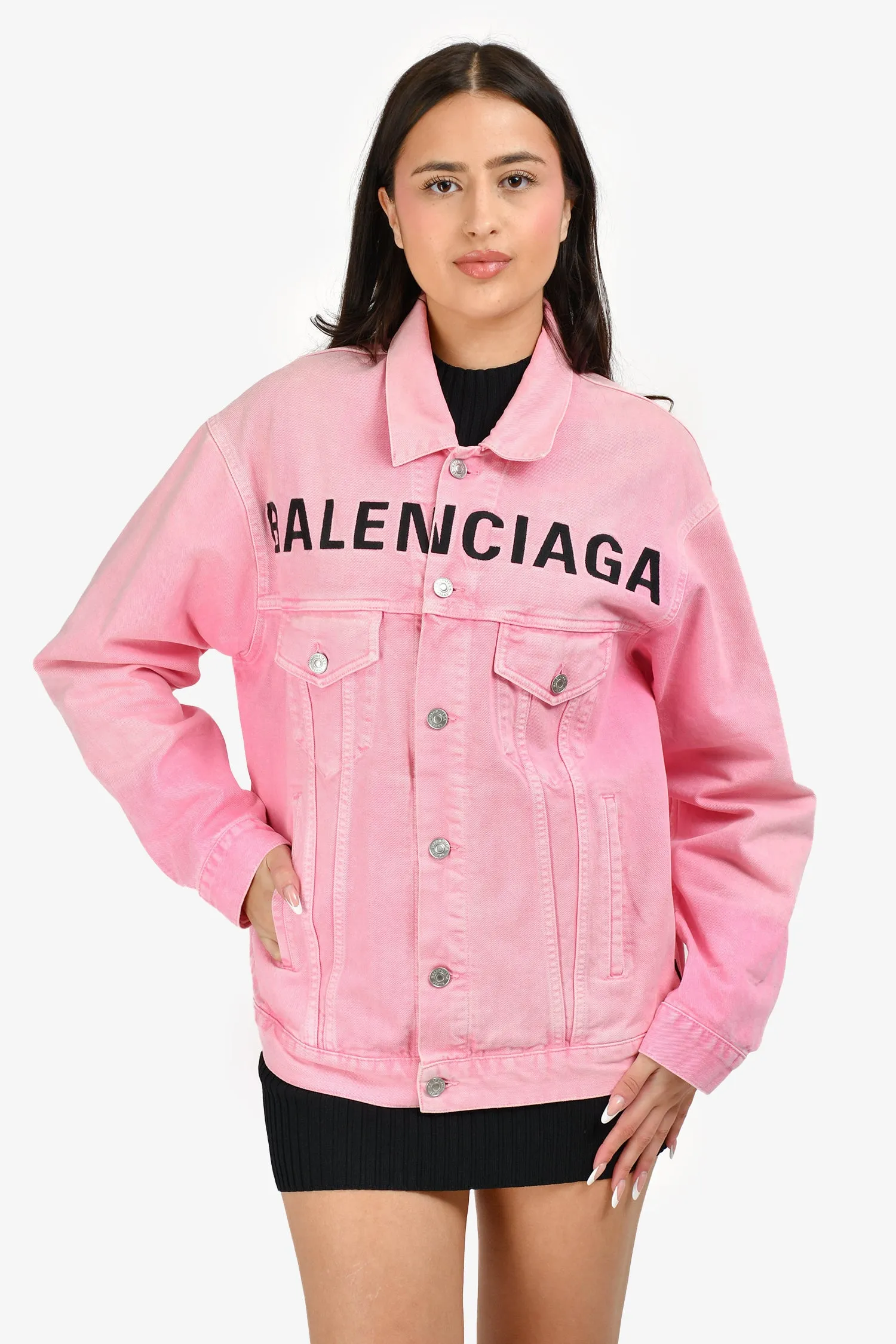 Balenciaga 2019 Rosa Denim Logo Bedruckte Jacke Größe 32