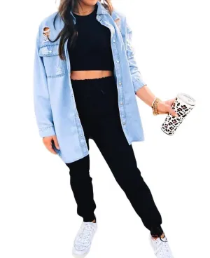 Boss Up Denim Shacket in Hellblau