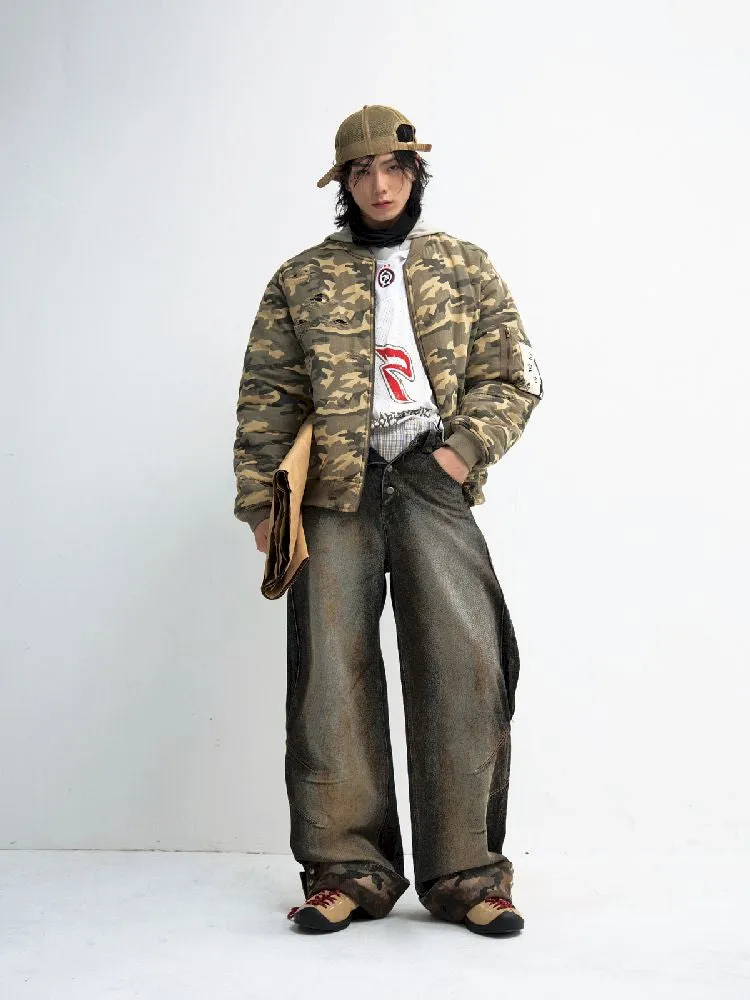 Tarnfarbene Patchwork-Straight-Jeans【s0000010447】