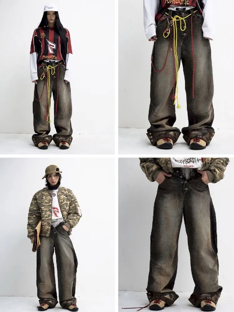 Tarnfarbene Patchwork-Straight-Jeans【s0000010447】