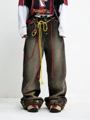 Tarnfarbene Patchwork-Straight-Jeans【s0000010447】