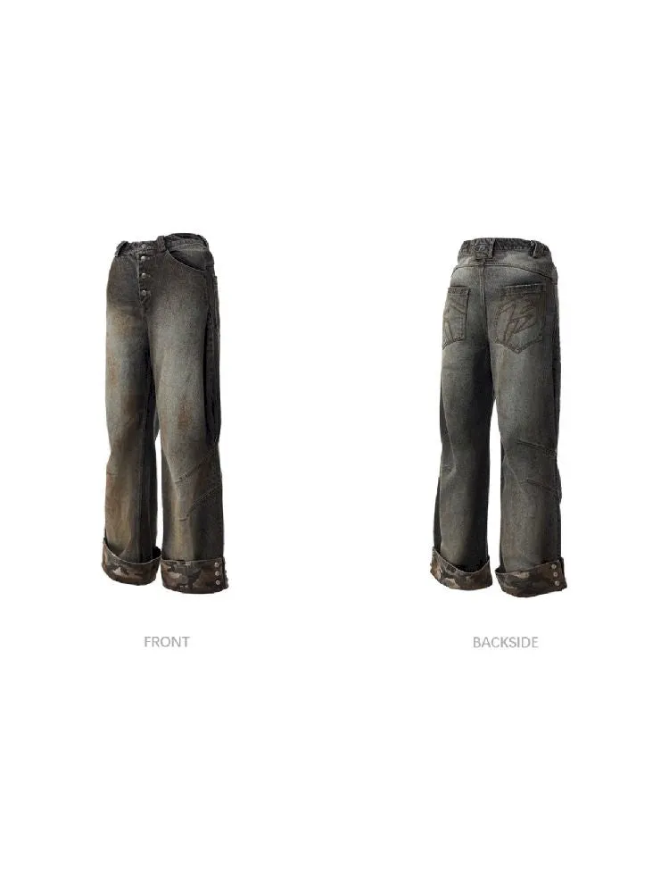 Tarnfarbene Patchwork-Straight-Jeans【s0000010447】
