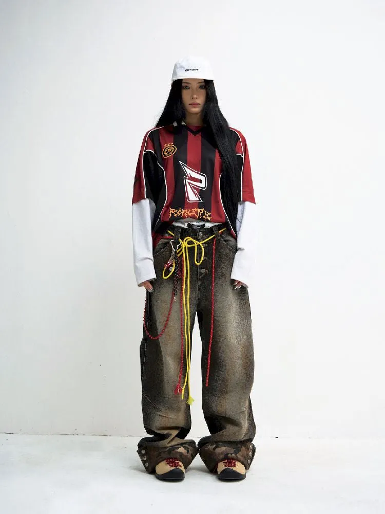 Tarnfarbene Patchwork-Straight-Jeans【s0000010447】