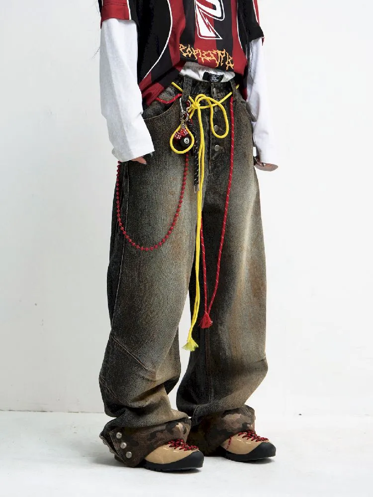 Tarnfarbene Patchwork-Straight-Jeans【s0000010447】