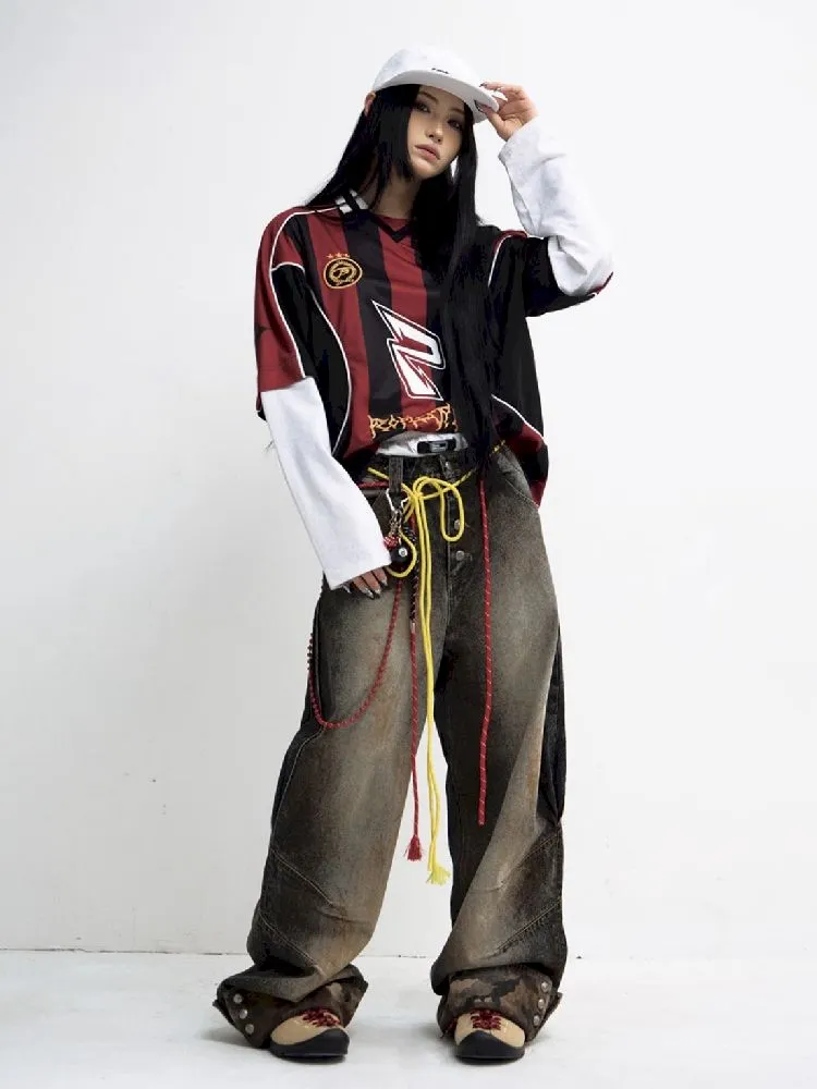 Tarnfarbene Patchwork-Straight-Jeans【s0000010447】