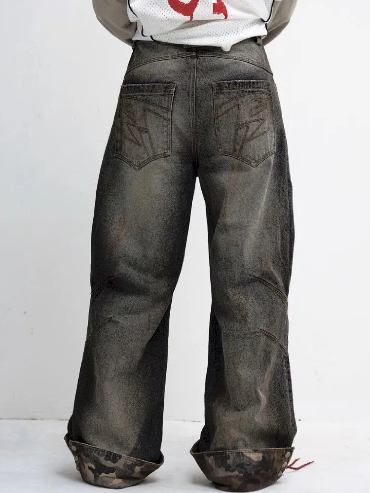 Tarnfarbene Patchwork-Straight-Jeans【s0000010447】