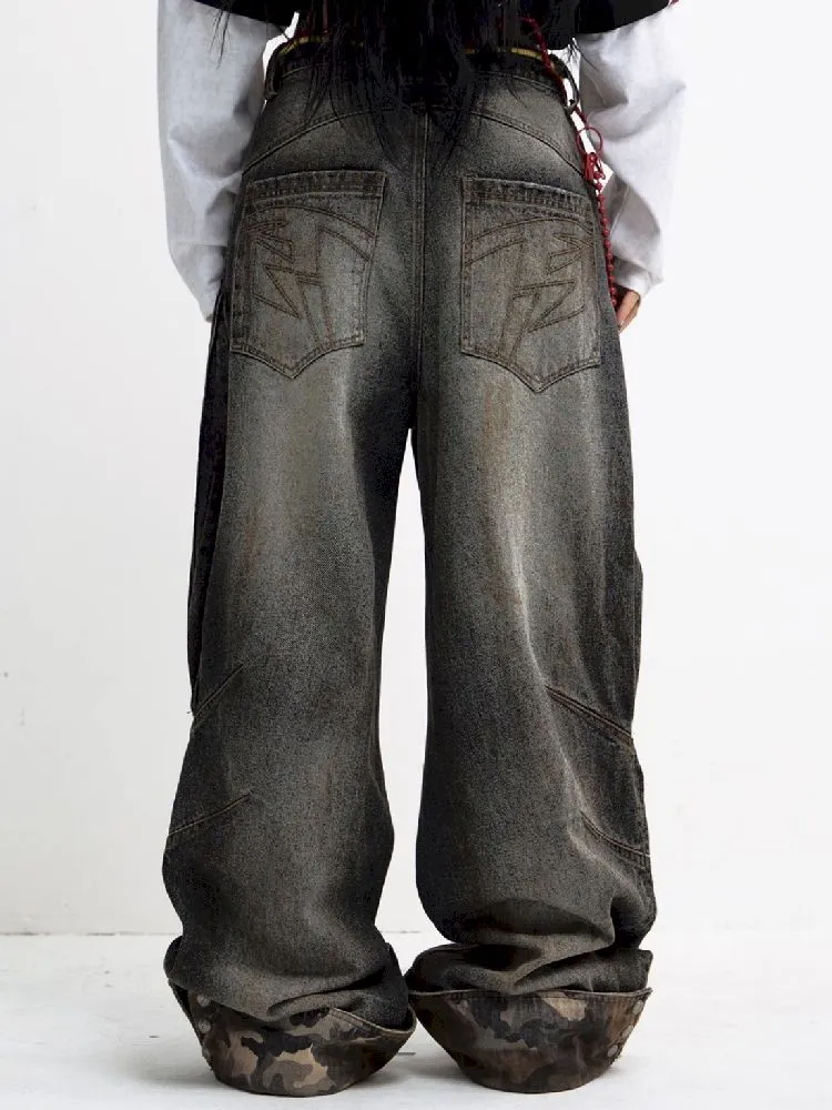 Tarnfarbene Patchwork-Straight-Jeans【s0000010447】