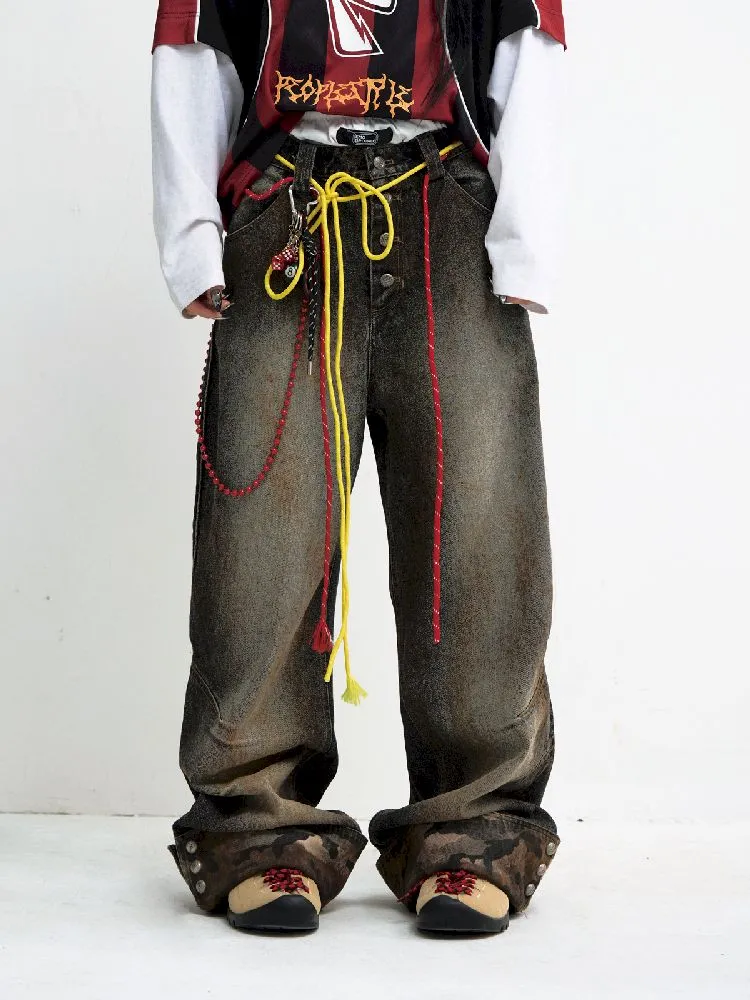 Tarnfarbene Patchwork-Straight-Jeans【s0000010447】