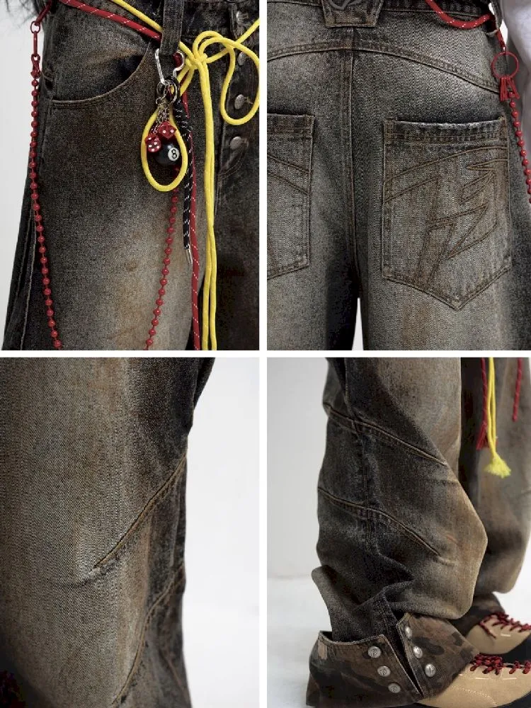 Tarnfarbene Patchwork-Straight-Jeans【s0000010447】