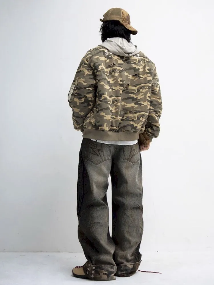 Tarnfarbene Patchwork-Straight-Jeans【s0000010447】