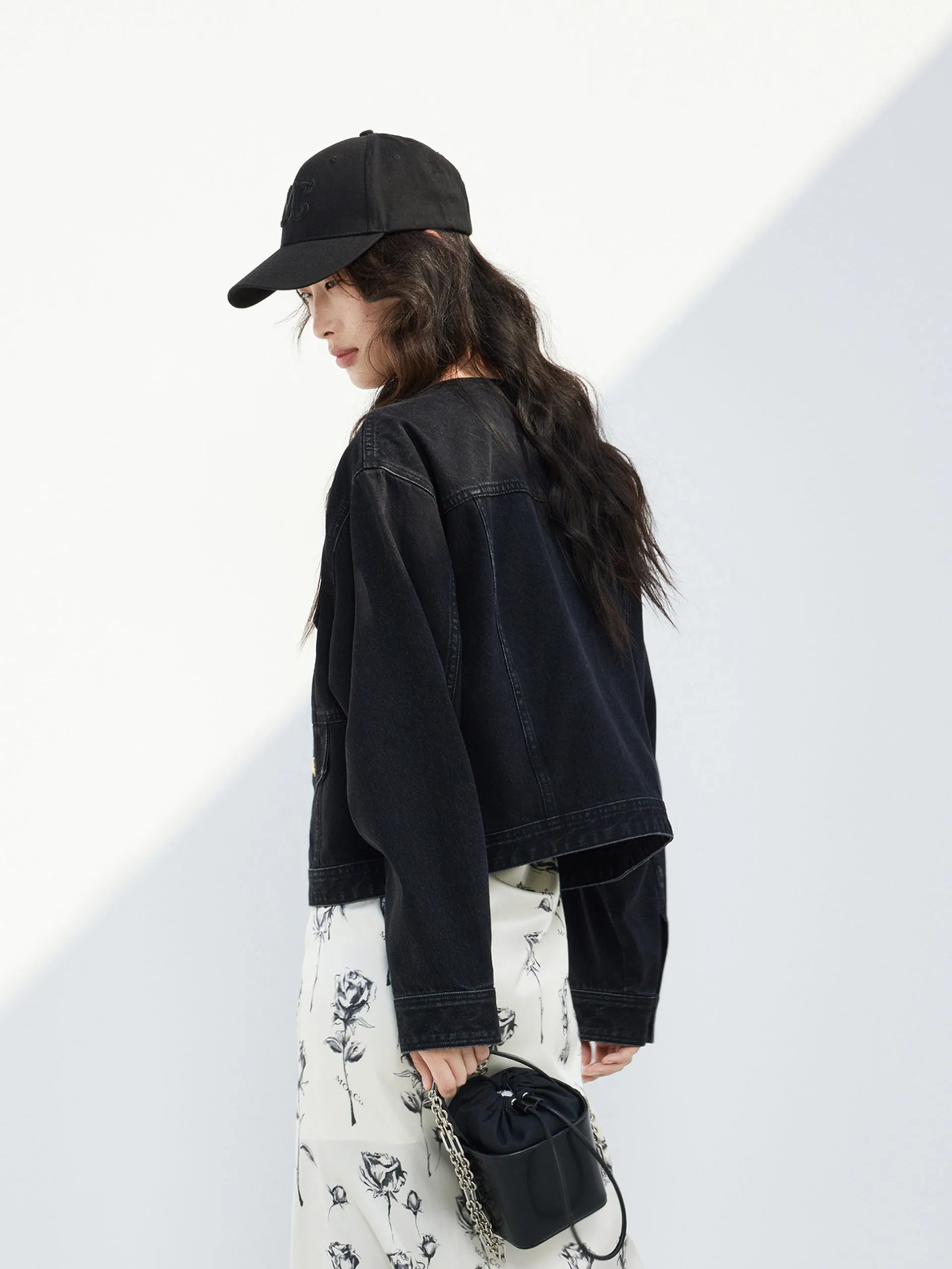 Kragenlose Baumwoll-Denim-Jacke