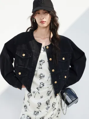 Kragenlose Baumwoll-Denim-Jacke