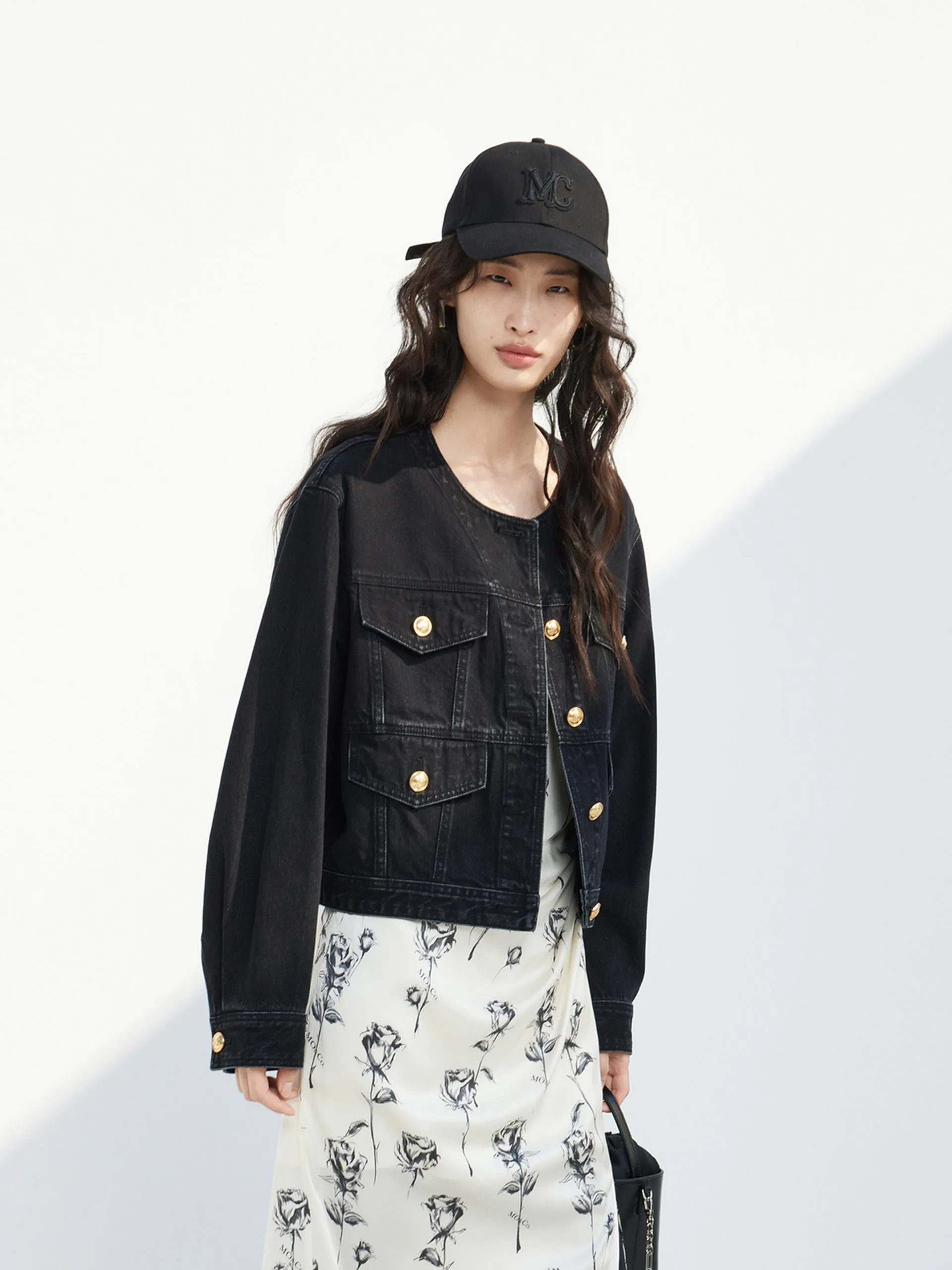 Kragenlose Baumwoll-Denim-Jacke