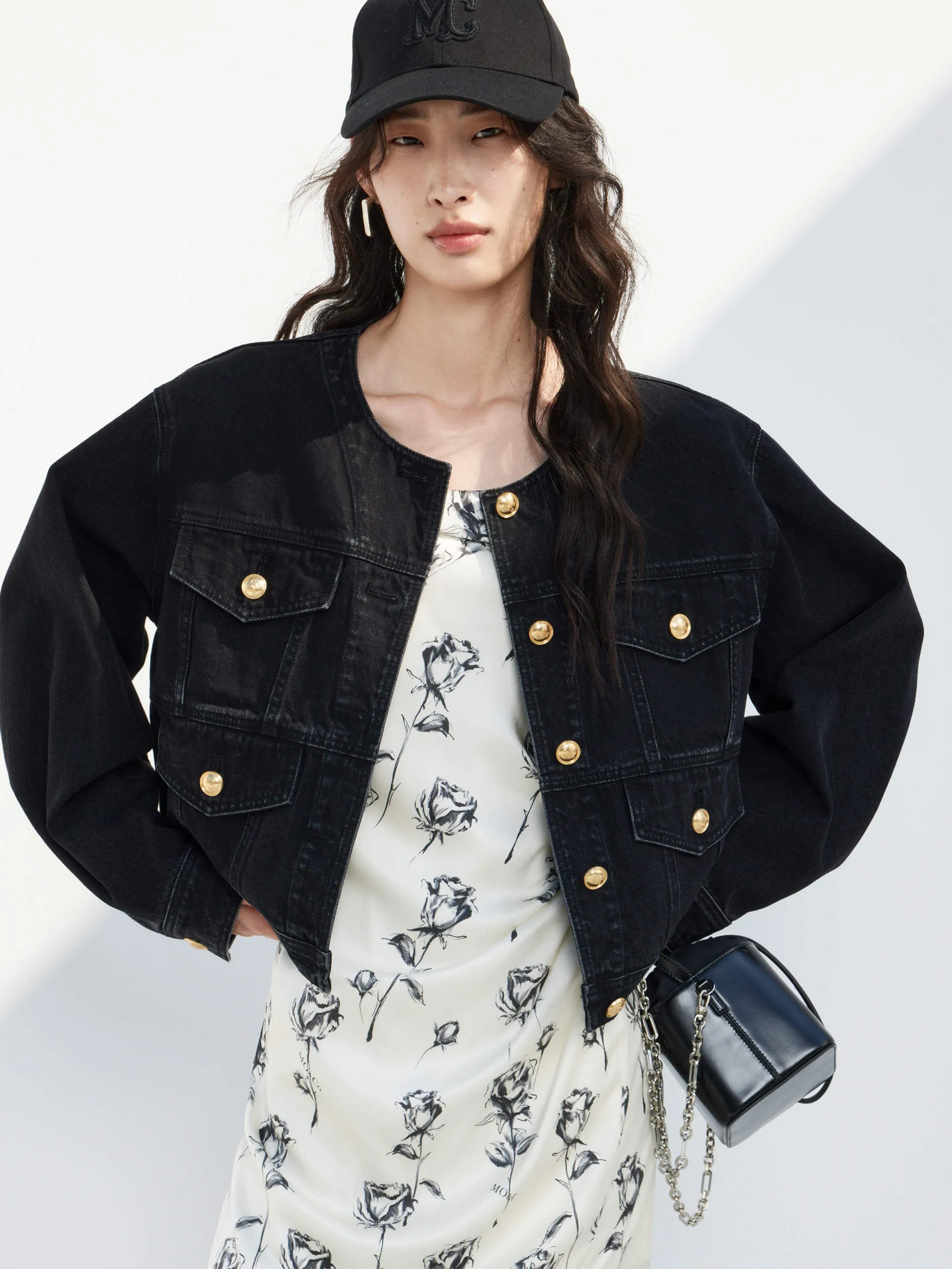 Kragenlose Baumwoll-Denim-Jacke