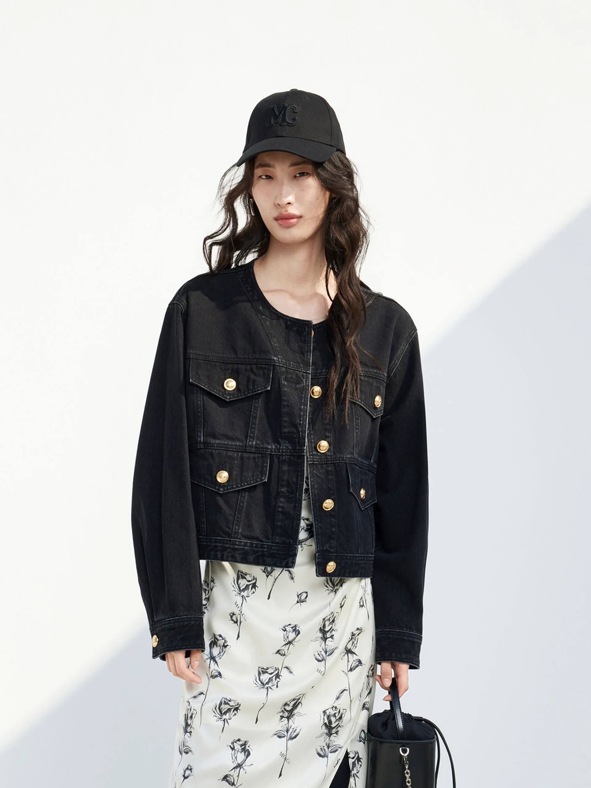Kragenlose Baumwoll-Denim-Jacke