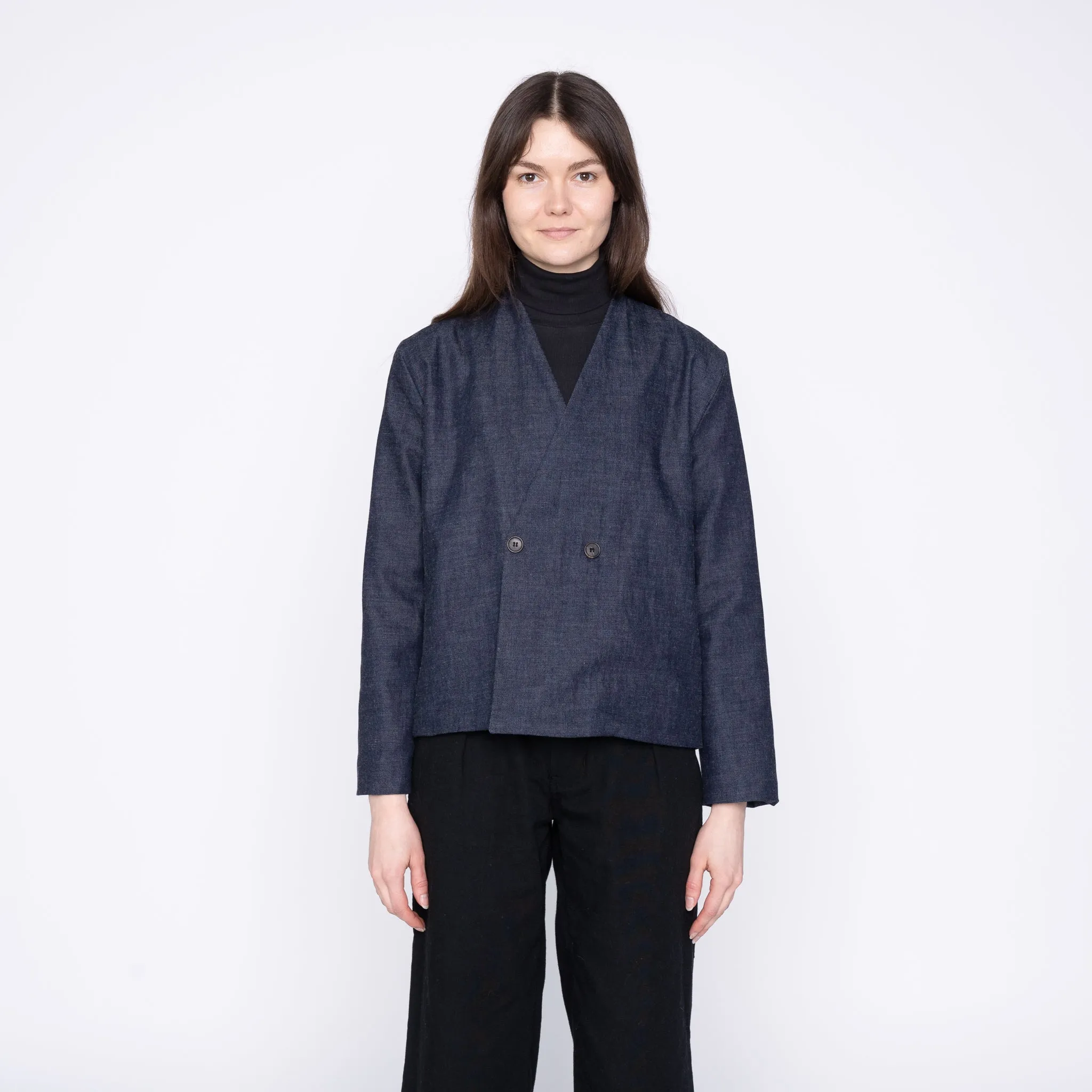 Kragenlose Jacke - Slub Nep Gewaschen - Indigo