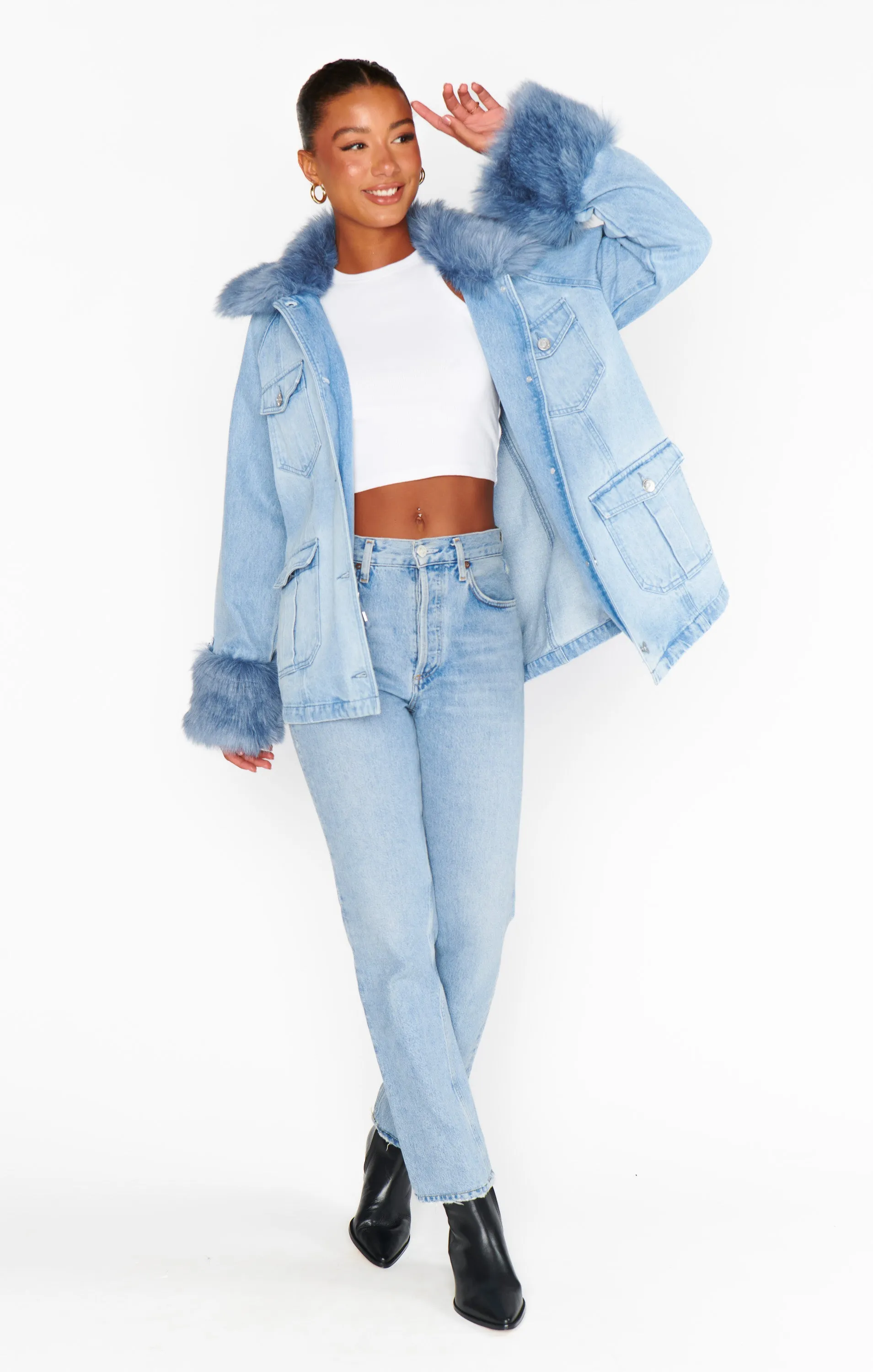 Kopenhagen Jacke ~ Drift Indigo mit blauem Kunstpelz