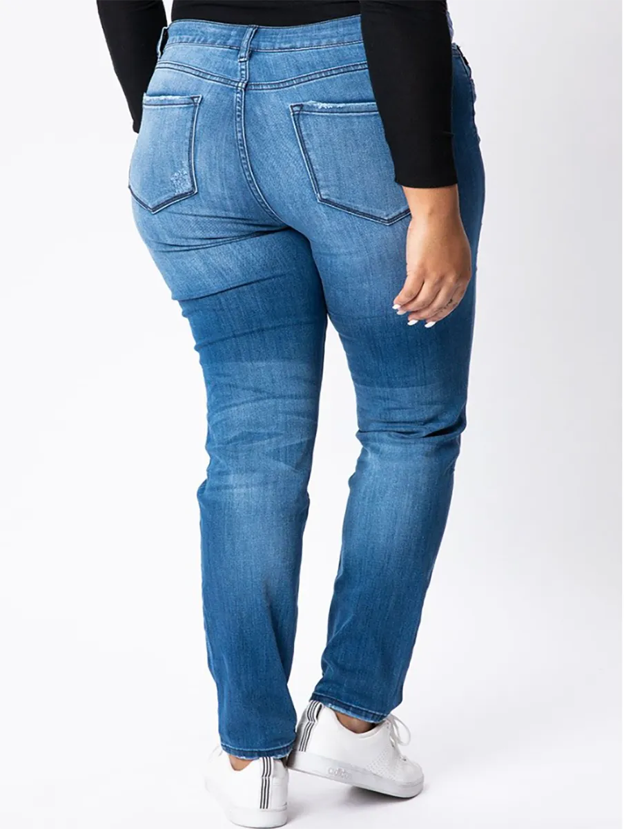Curvy Molly High-Waist Jeans in Mittelblau mit Knopfleiste von KanCan
