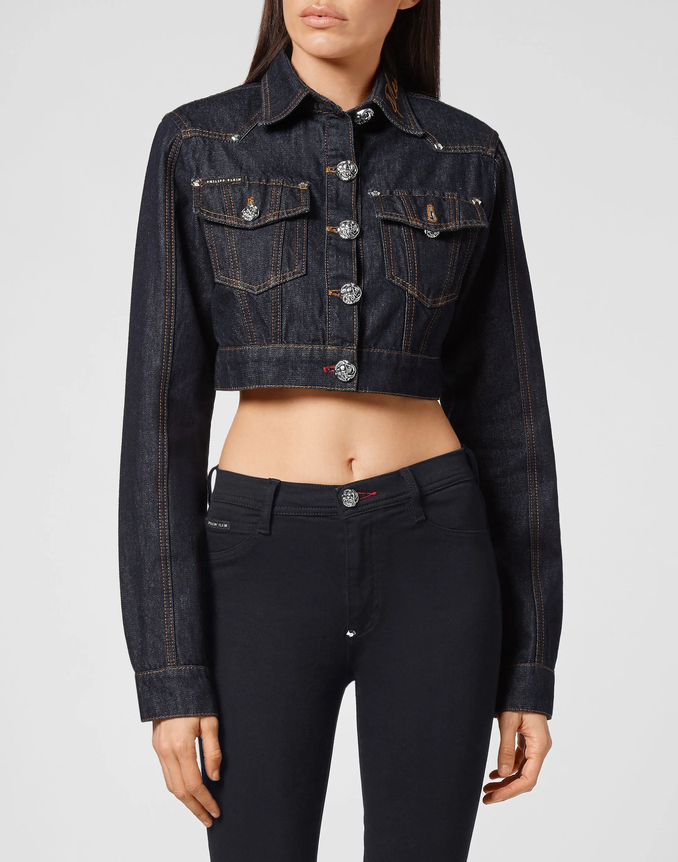 Denim Cropped Jacket mit Ketten