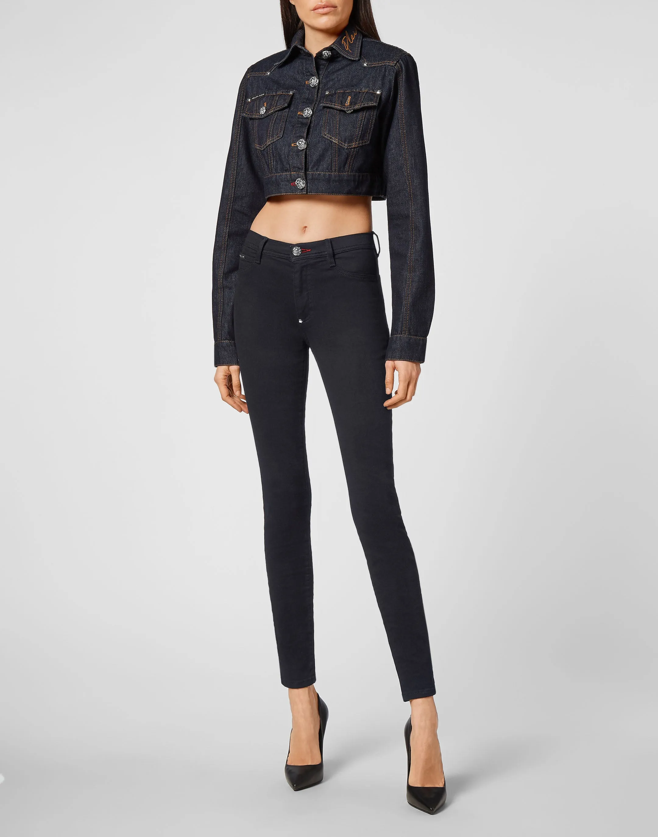 Denim Cropped Jacket mit Ketten