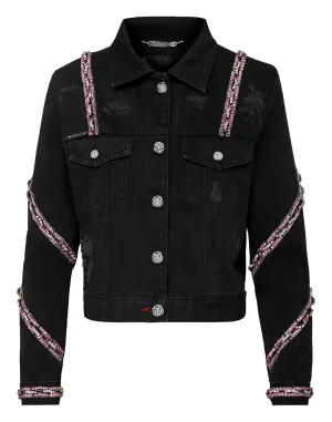 Denim Cropped Jacket mit Kristallbesatz