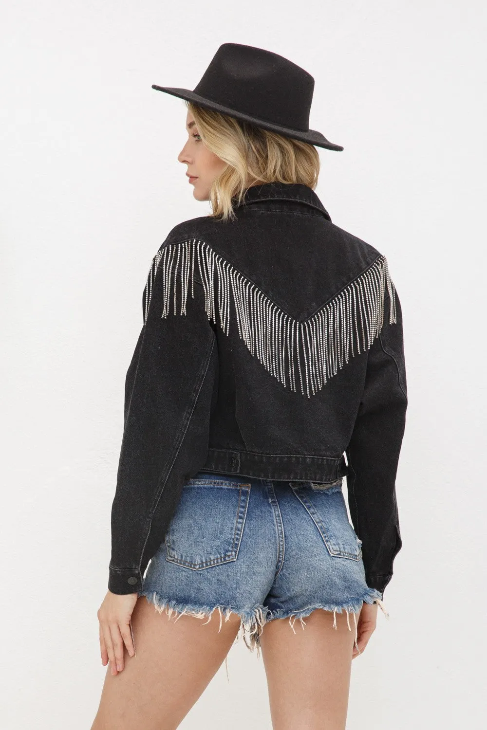 Denim Strass Fransen Jacke