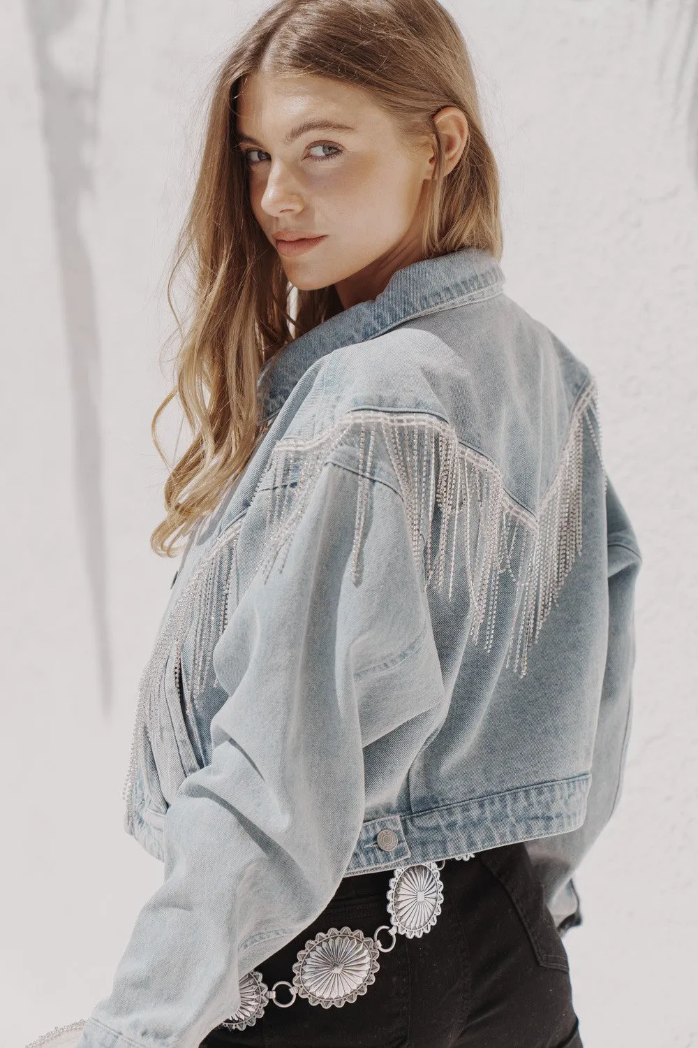 Denim Strass Fransen Jacke