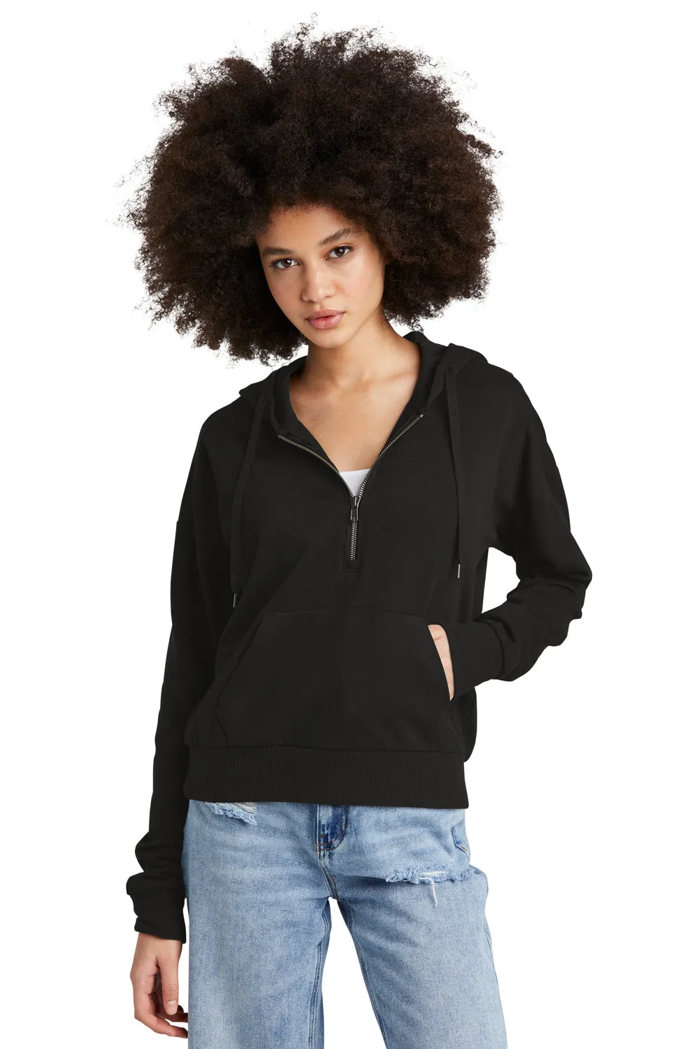 District Damen Perfektes Tri-Fleece 1/4 Zip Kapuzenpullover Hoodie mit Beuteltasche - Schwarz