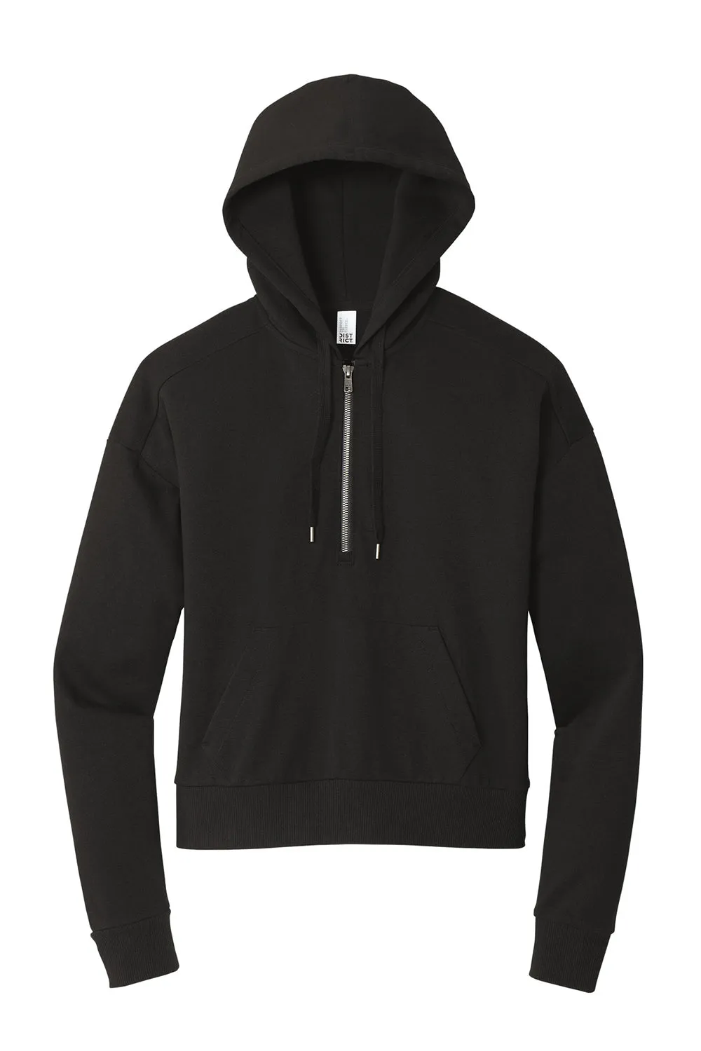 District Damen Perfektes Tri-Fleece 1/4 Zip Kapuzenpullover Hoodie mit Beuteltasche - Schwarz