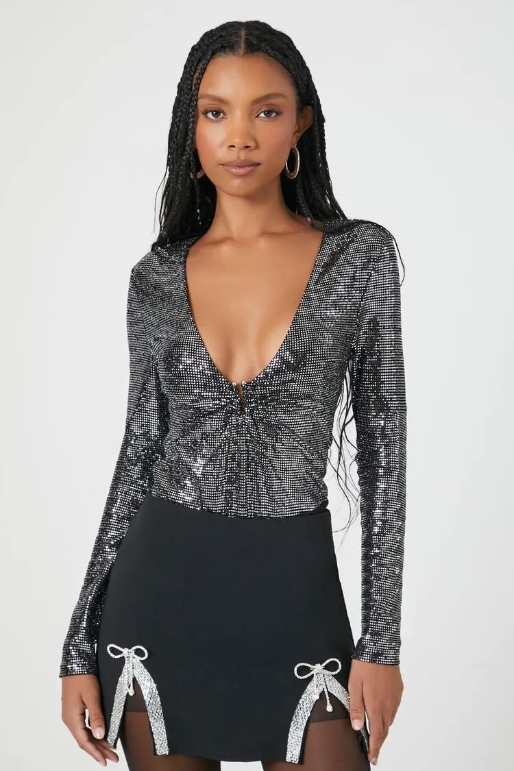 Forever 21 Damen Ausschnitt Pailletten Bodysuit Schwarz/Silber Forever 21