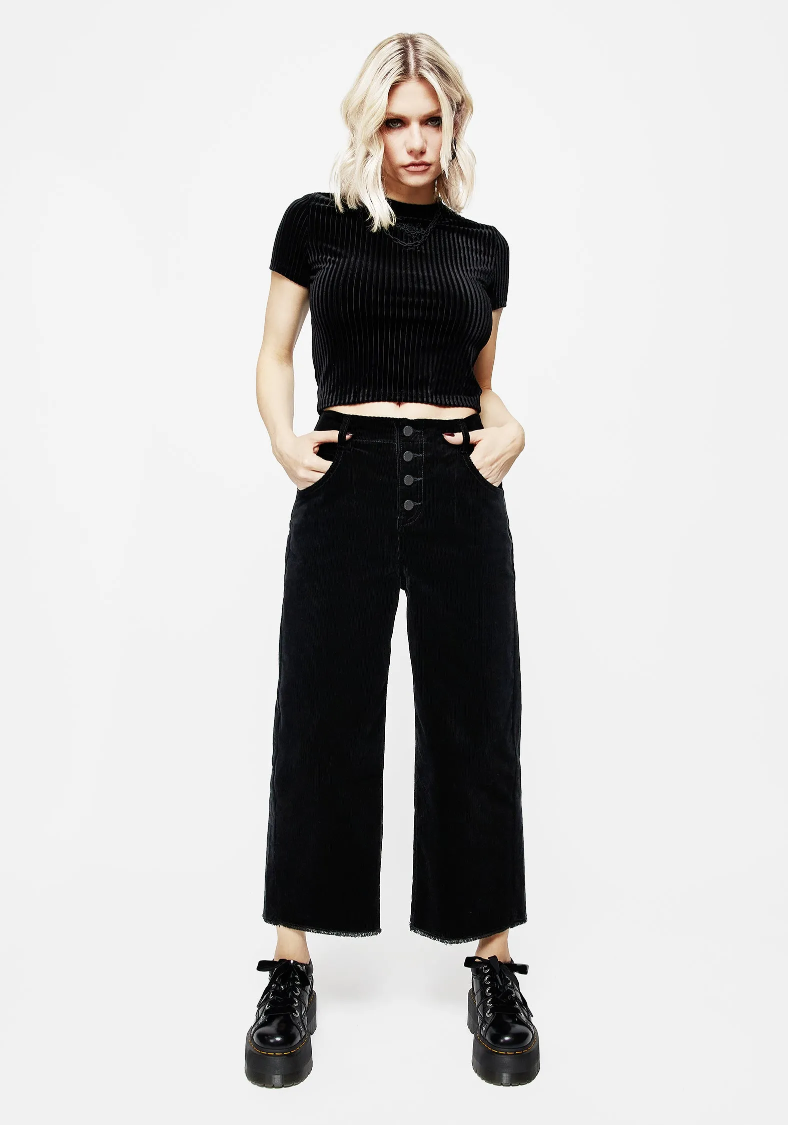 Foster Weit geschnittene Cord-Cropjeans - Schwarz