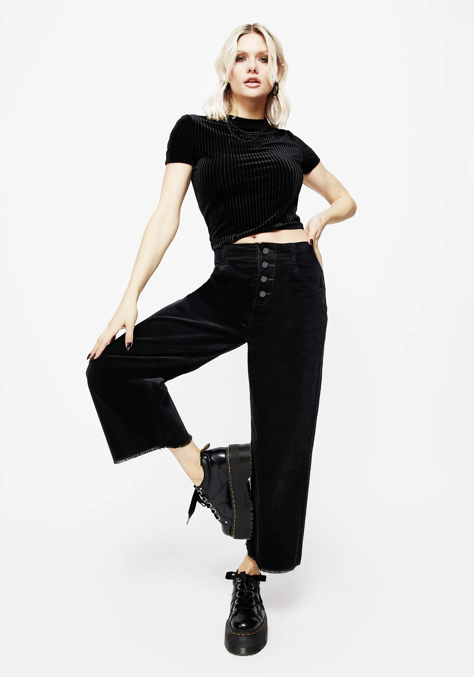 Foster Weit geschnittene Cord-Cropjeans - Schwarz