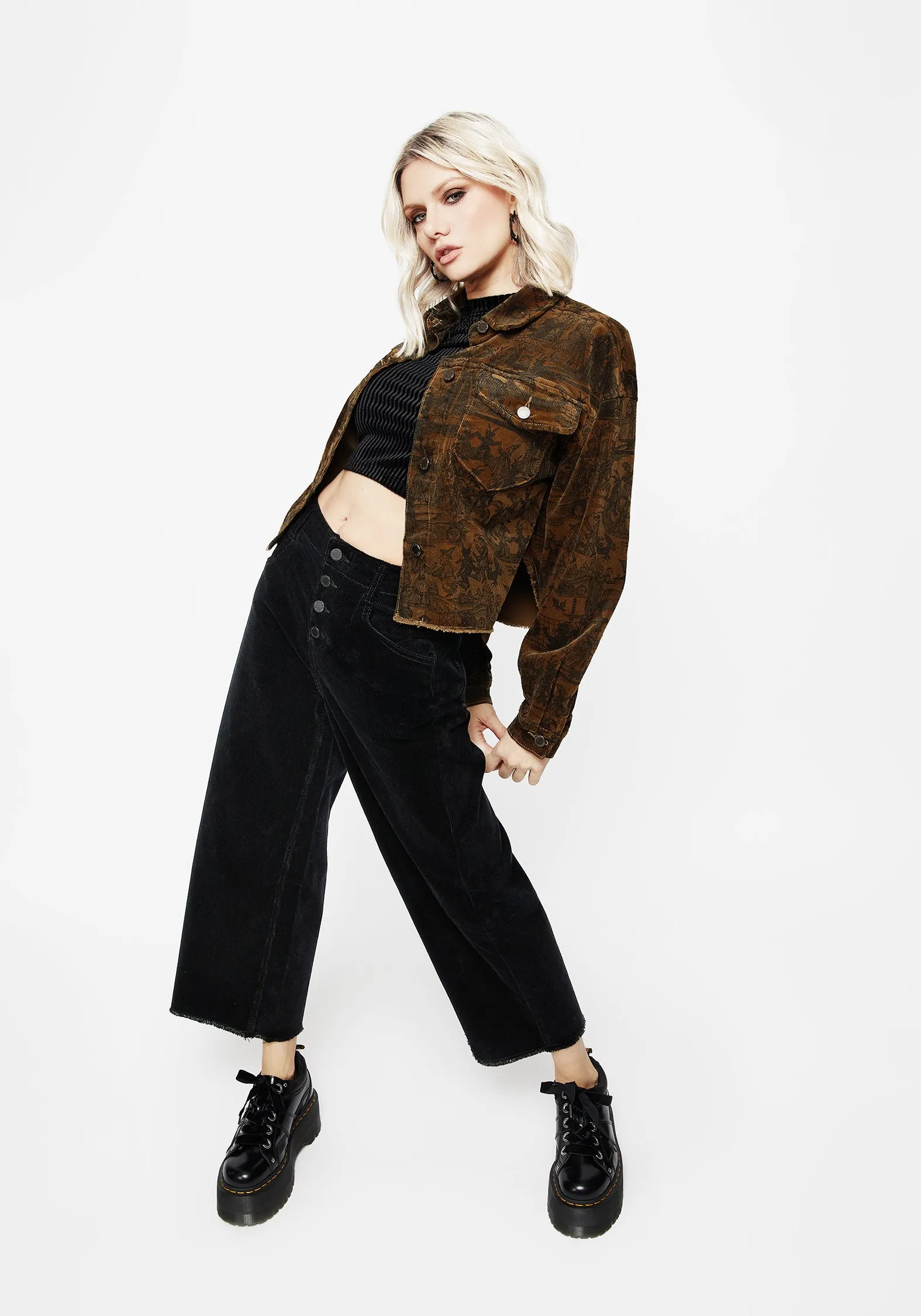 Foster Weit geschnittene Cord-Cropjeans - Schwarz
