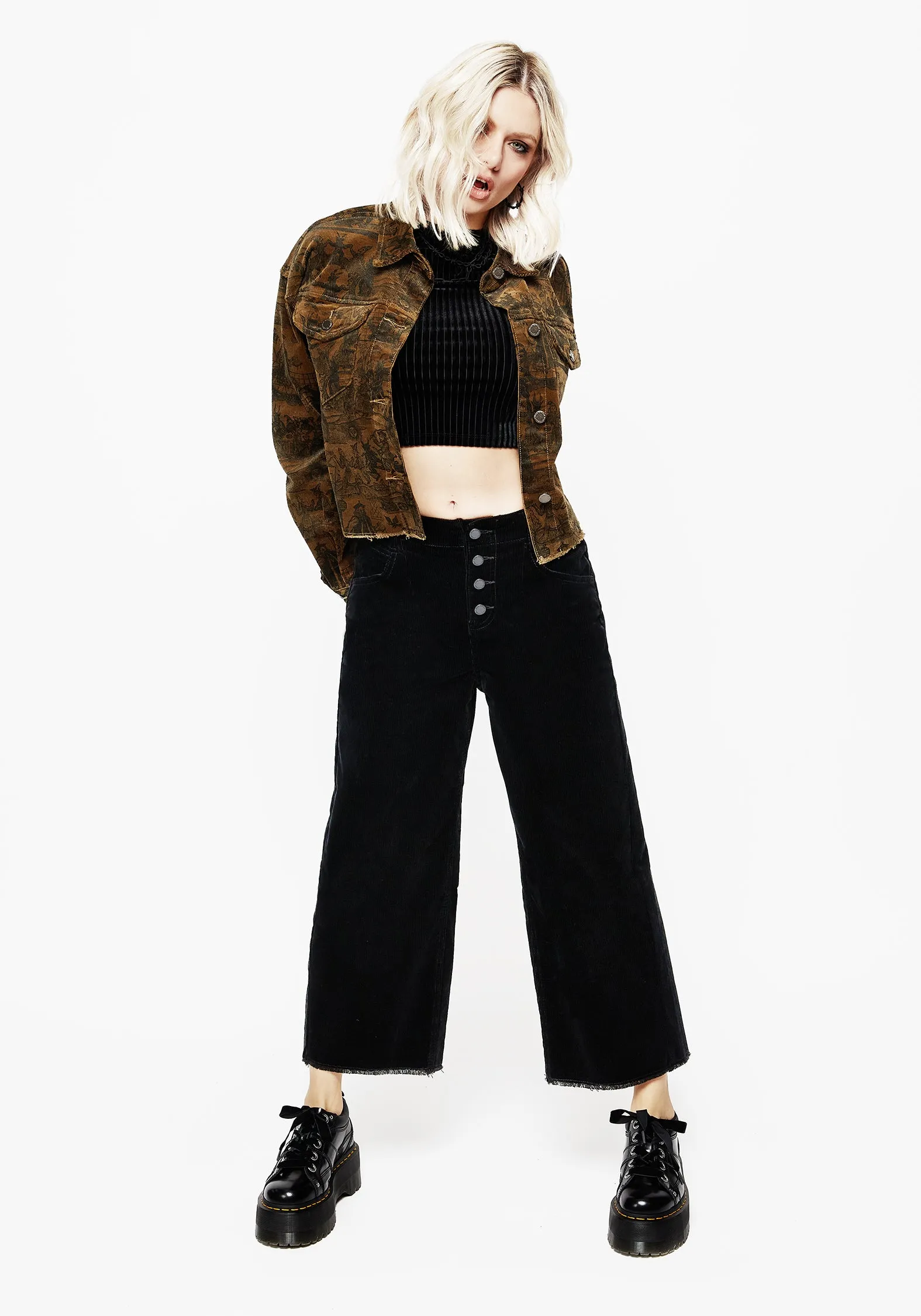 Foster Weit geschnittene Cord-Cropjeans - Schwarz