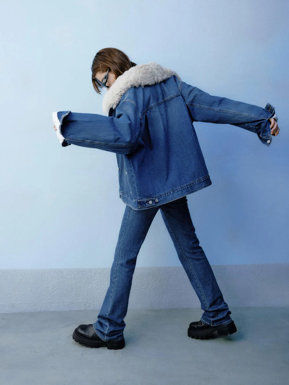 Fuzzy Kragen Denim Jacke