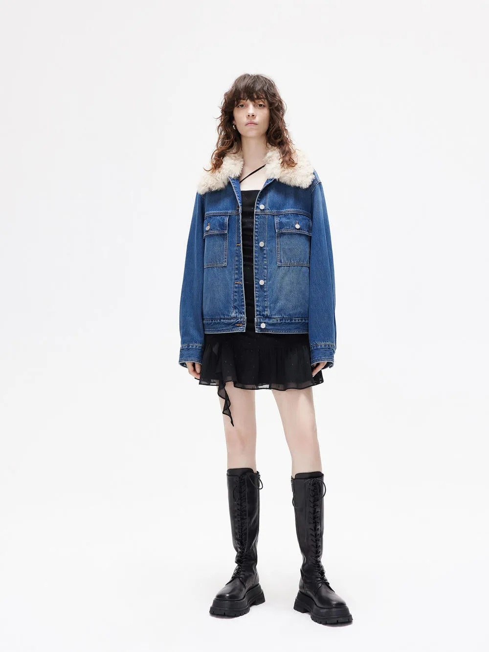Fuzzy Kragen Denim Jacke