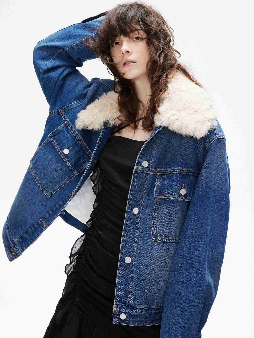 Fuzzy Kragen Denim Jacke