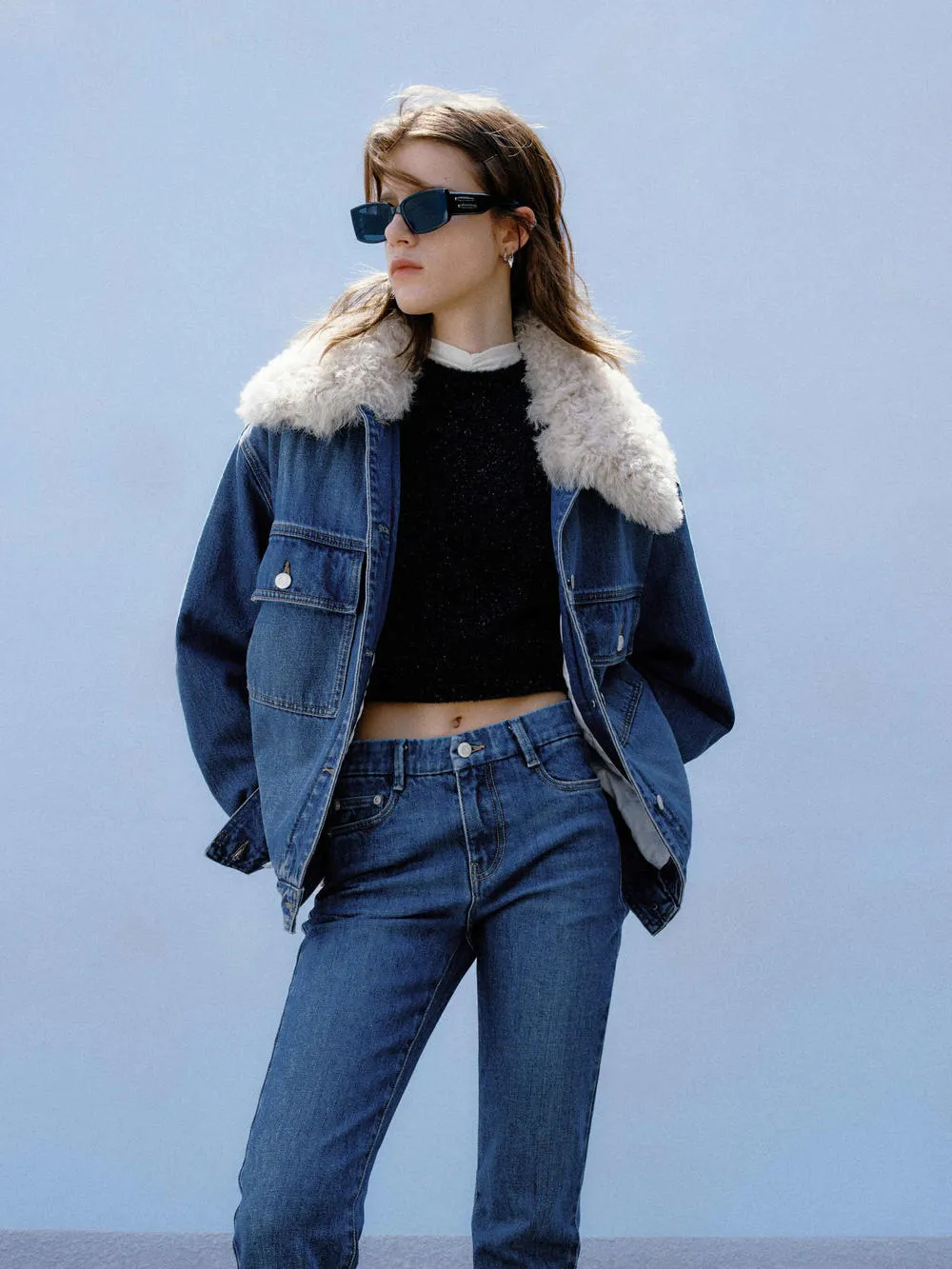 Fuzzy Kragen Denim Jacke