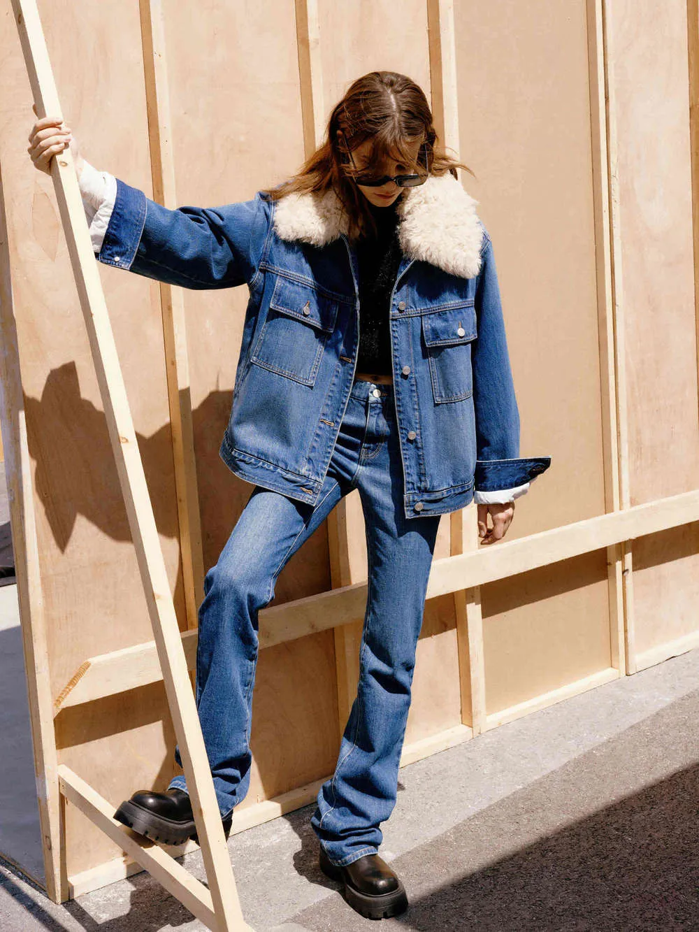 Fuzzy Kragen Denim Jacke