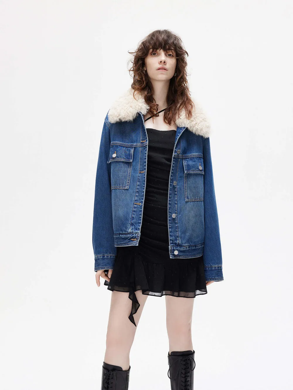 Fuzzy Kragen Denim Jacke