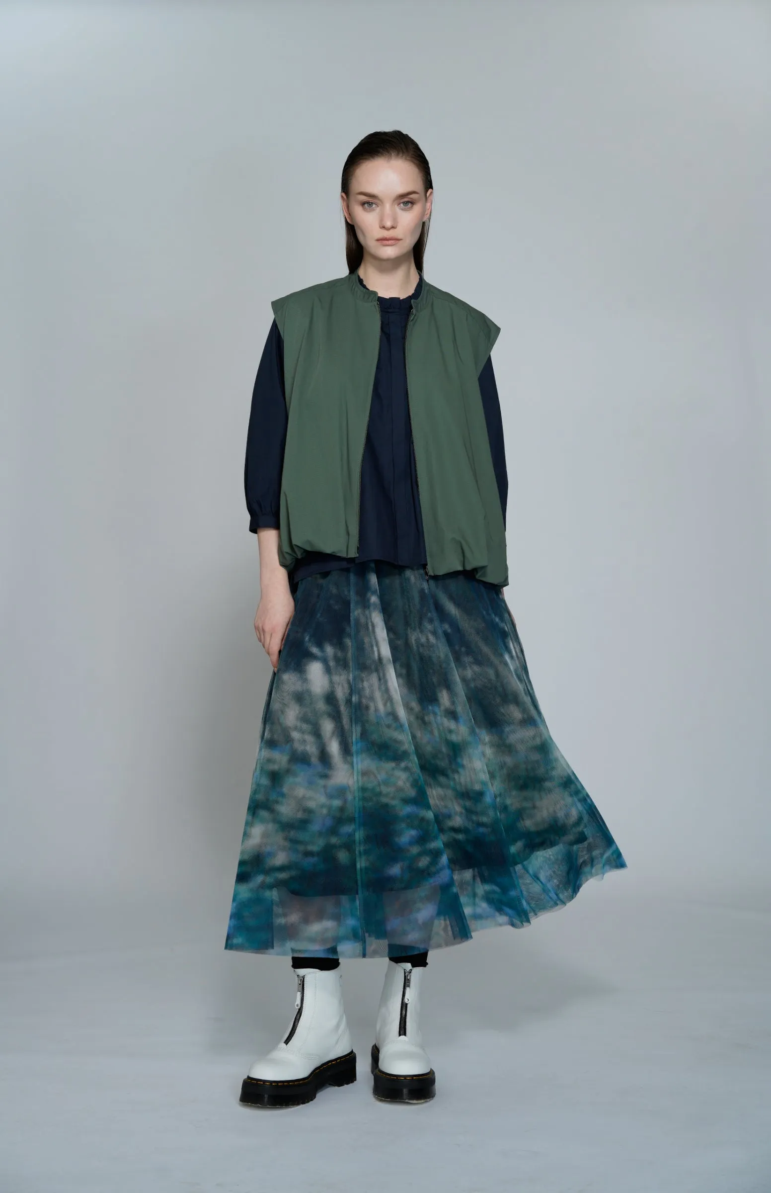Garden Print Mesh Maxi Flare Rock Kleidung_Atsuro-Tayama