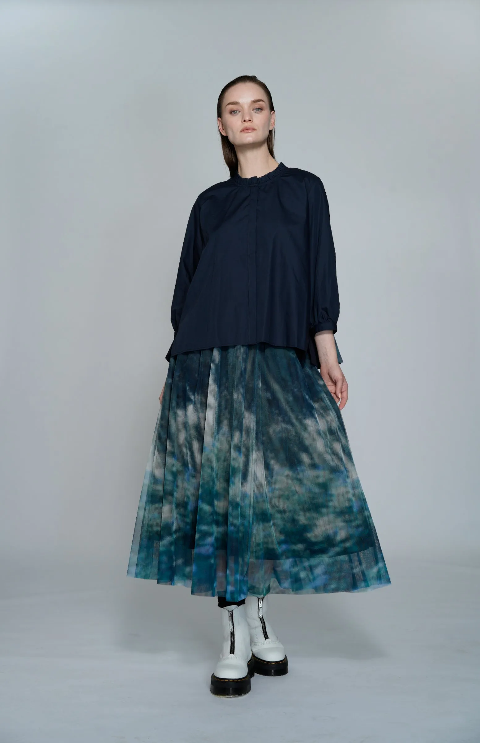 Garden Print Mesh Maxi Flare Rock Kleidung_Atsuro-Tayama